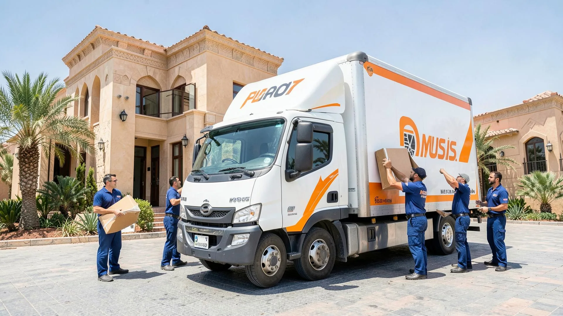 Excellent Moving Service truck loading furniture outside a villa in Muscat